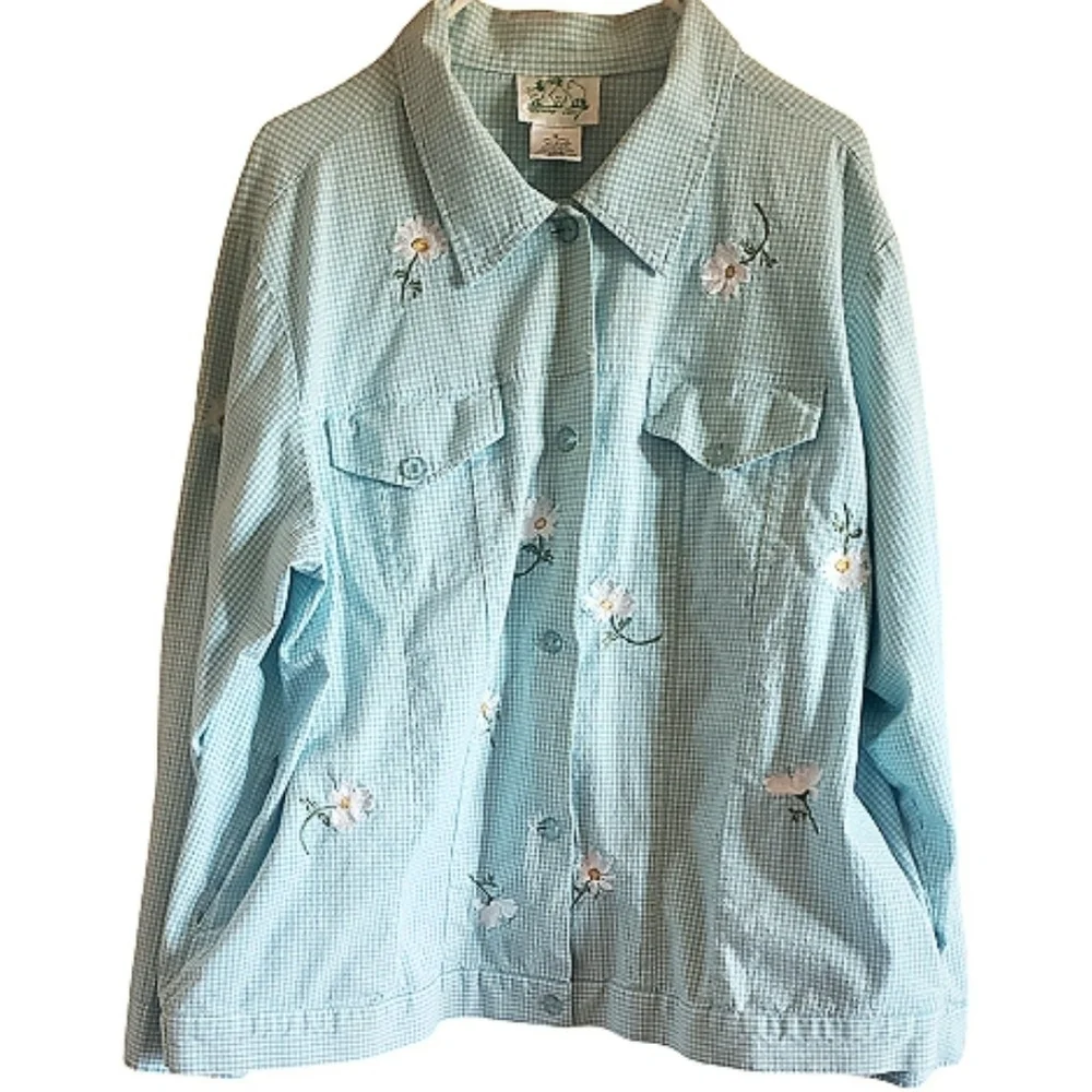 Vintage The Quacker Factory Blue Striped Jacket Floral Embroided Boho Shacket 1X